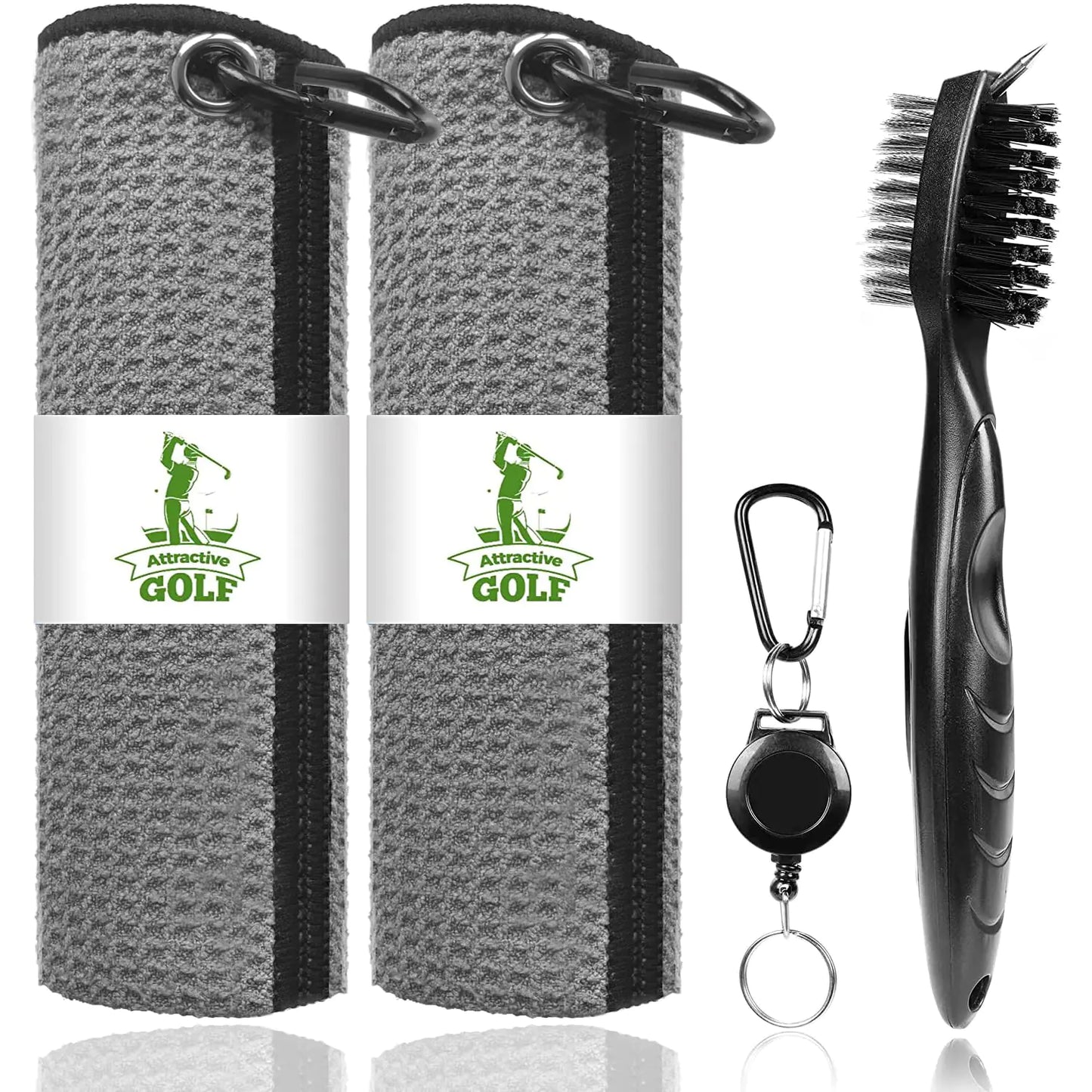 ATTRACTIVE Golf Towels Microfiber Waffle Pattern Towels - Golf Club Brush with Cleaning (2 Gray Towel+Black Brush)
