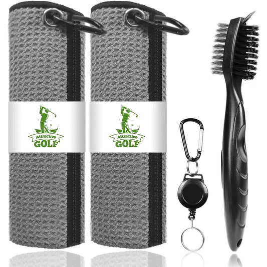 ATTRACTIVE Golf Towels Microfiber Waffle Pattern Towels - Golf Club Brush with Cleaning (2 Gray Towel+Black Brush)